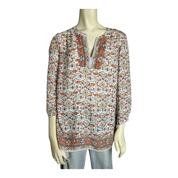 Boho Hippie Retro Shirt Blouse Top Artisan NY M Medium MCM Print indie Tunic - Picture 1 of 8